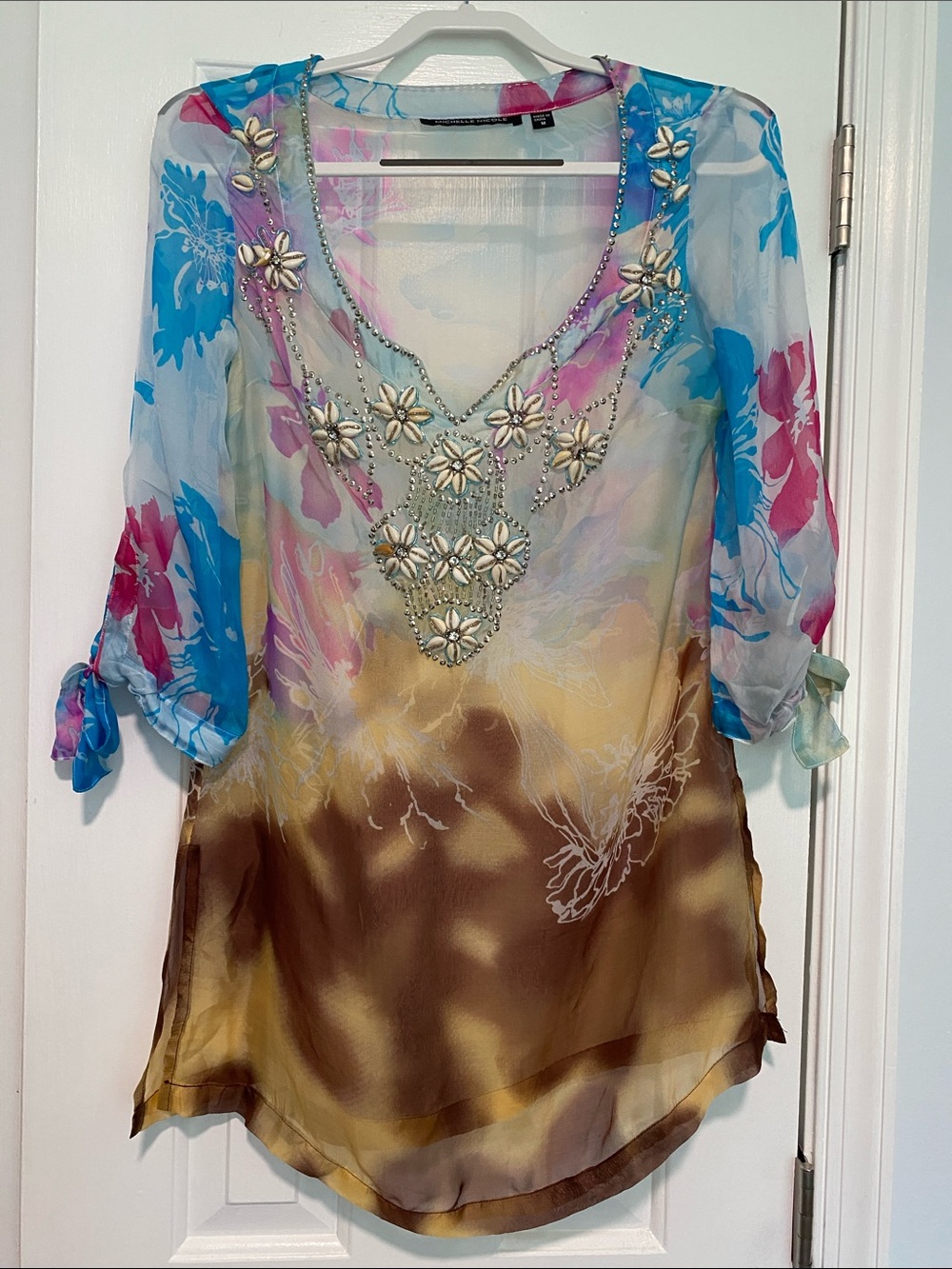 Michelle Nicole Sheer Floral Embellished Tunic - Blue Pink Brown Cream